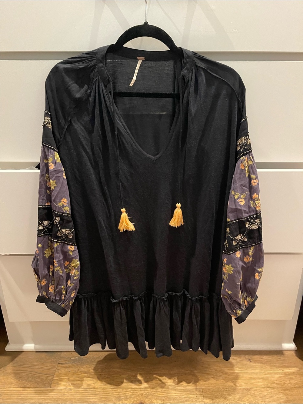 Free People Black Tunic with  Floral  beaded Balloon Sleeves